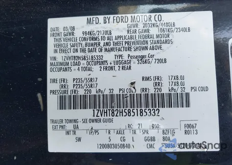 2008 Ford Mustang Gt Deluxe/Gt Premium из США, поврежденный, VIN 1ZVHT82H585185332